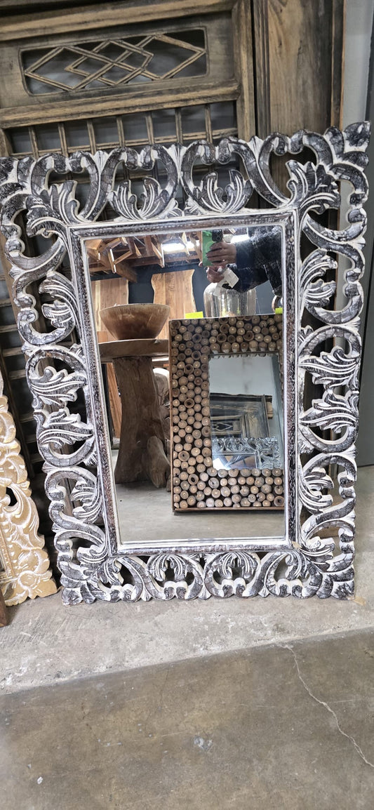 #28 Hand-Carved Whitewashed Mirror – 28" x 37.5"