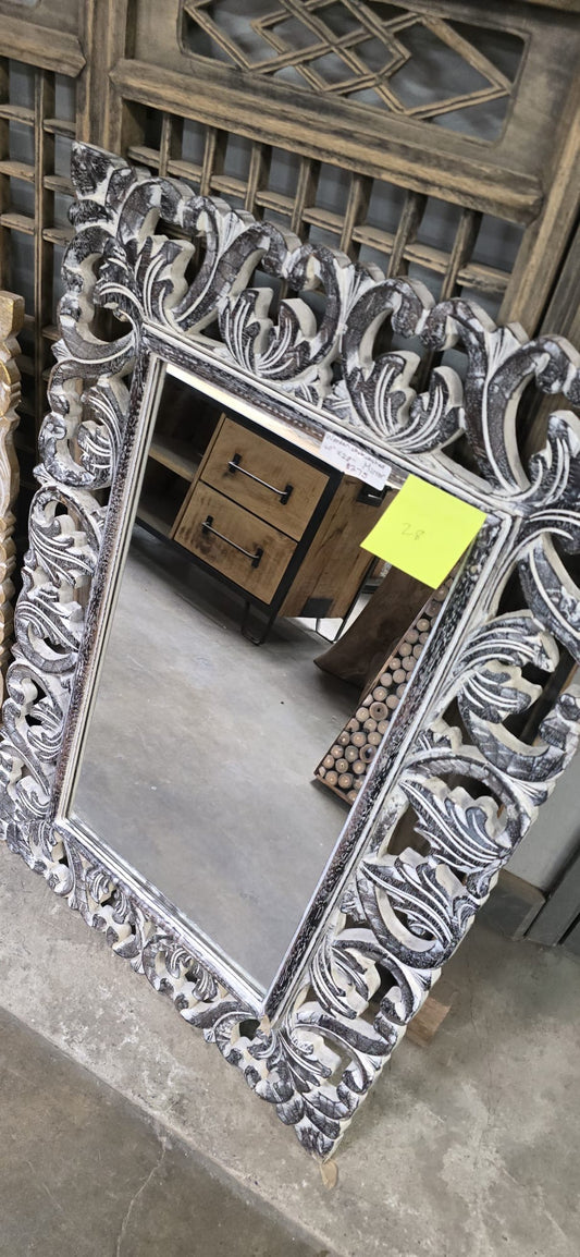 #28 Hand-Carved Whitewashed Mirror – 28" x 37.5"
