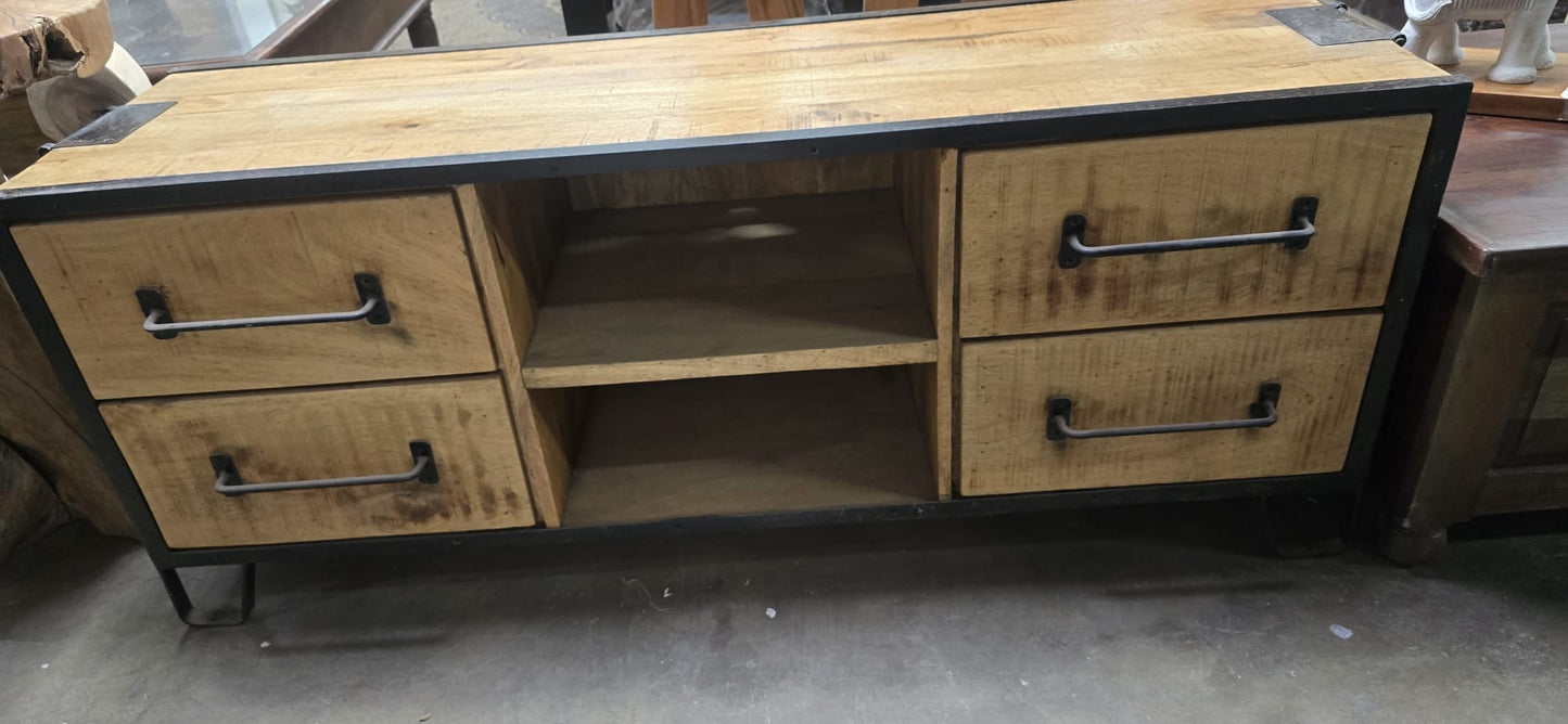 Industrial Mango Wood Media Console – 4 Drawer, Open Shelf