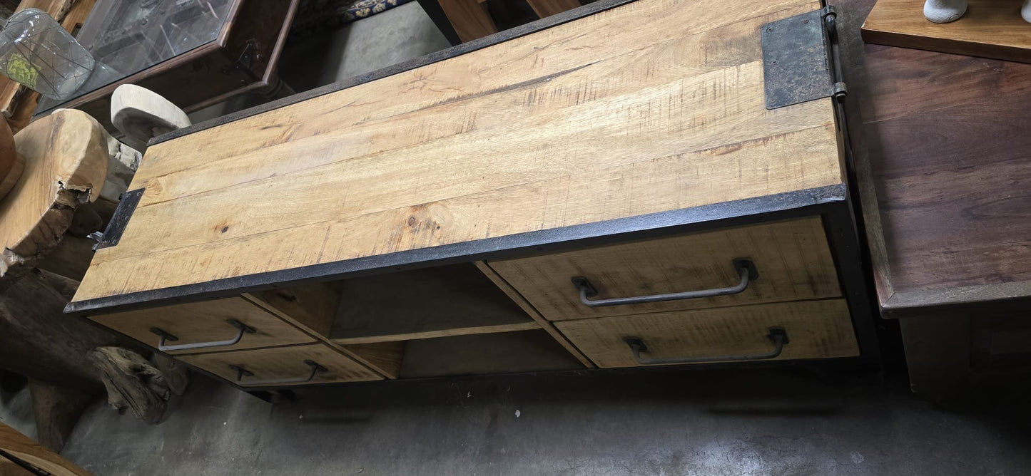 Industrial Mango Wood Media Console – 4 Drawer, Open Shelf