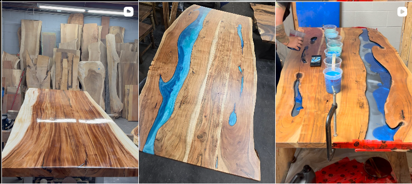Three examples showing natural and blue epoxy live-edge table styles